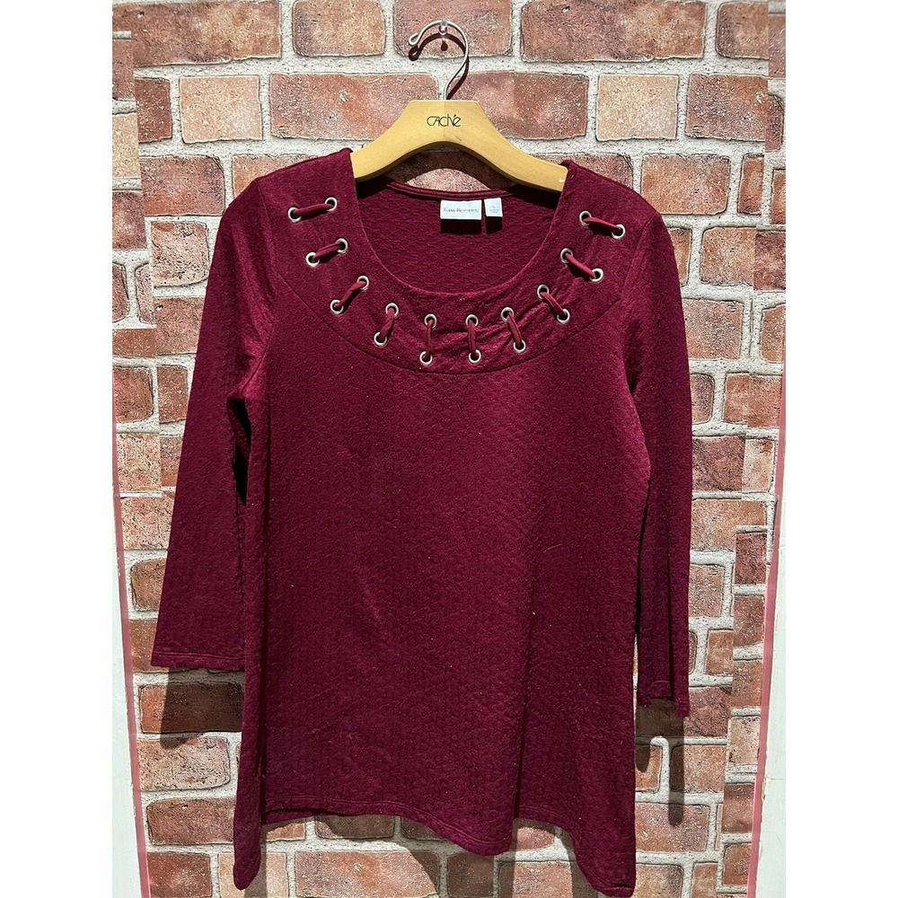Kim‎ Rogers Size S Women's Large 3/4 Sleeve Casual Solid Burgundy Scoop Neck Top